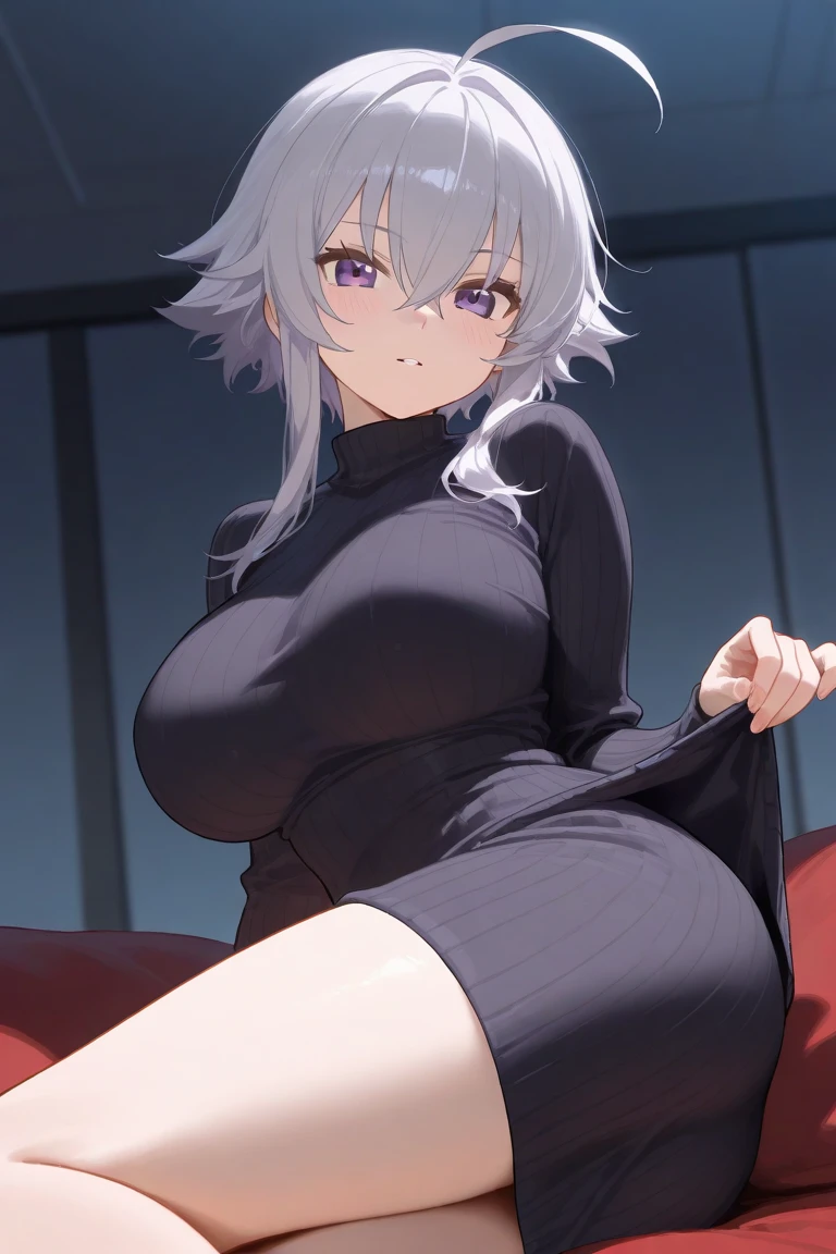score_9,score_8_up,score_7_up,score_6_up,score_5_up,score_4_up BREAK source_anime,rating_questionable,2koma,1girl,solo,jeanne d'arc alter \(fate\),white hair,short hair,yellow eyes,large breasts,takeuchi takashi,cinematic lightning,ahoge,short dress,jacket,open jacket,kneehighs,black boots,indoors,bedroom,