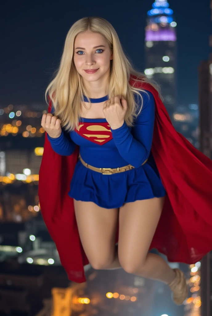Sexy 20 year old woman in super Girl costume, blonde hair, fit body, midriff visible, cleavage, perfect medium breasts, perfect face, perfect blue eyes, flying over city, sunset in background. 