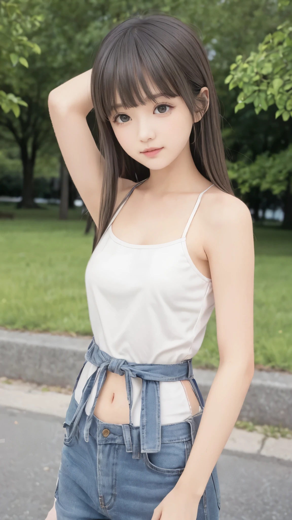 (best quality、best quality、8K、Row Pictures、realistic depiction)、(perfect and very thin waist highlighted)、( Beautiful Russian )、(Posing in the park)、(more:1.3, perfect right hand:1.3), (