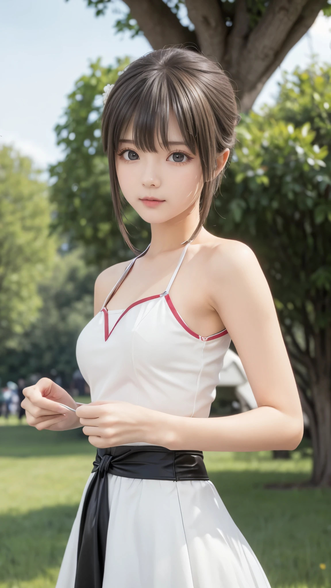 (best quality、best quality、8K、Row Pictures、realistic depiction)、(perfect and very thin waist highlighted)、( Beautiful Russian  )、(Posing in the park)、(more:1.3, perfect right hand:1.3), (