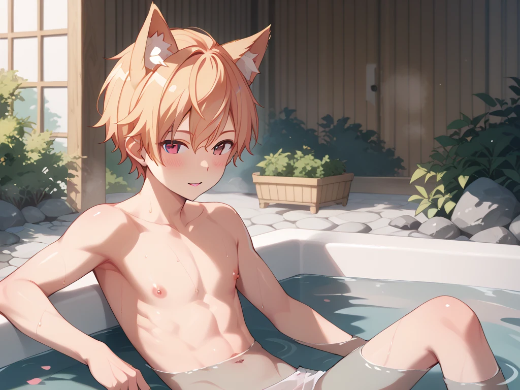 Young male white cat wearing a white diaper, Sitting in the water, An anime drawing by Puru, pixiv, furry art, sfw version, UHD, masterpiece, anatomically correct, textured skin, super detail, high details, high quality, best quality, highres, 8k