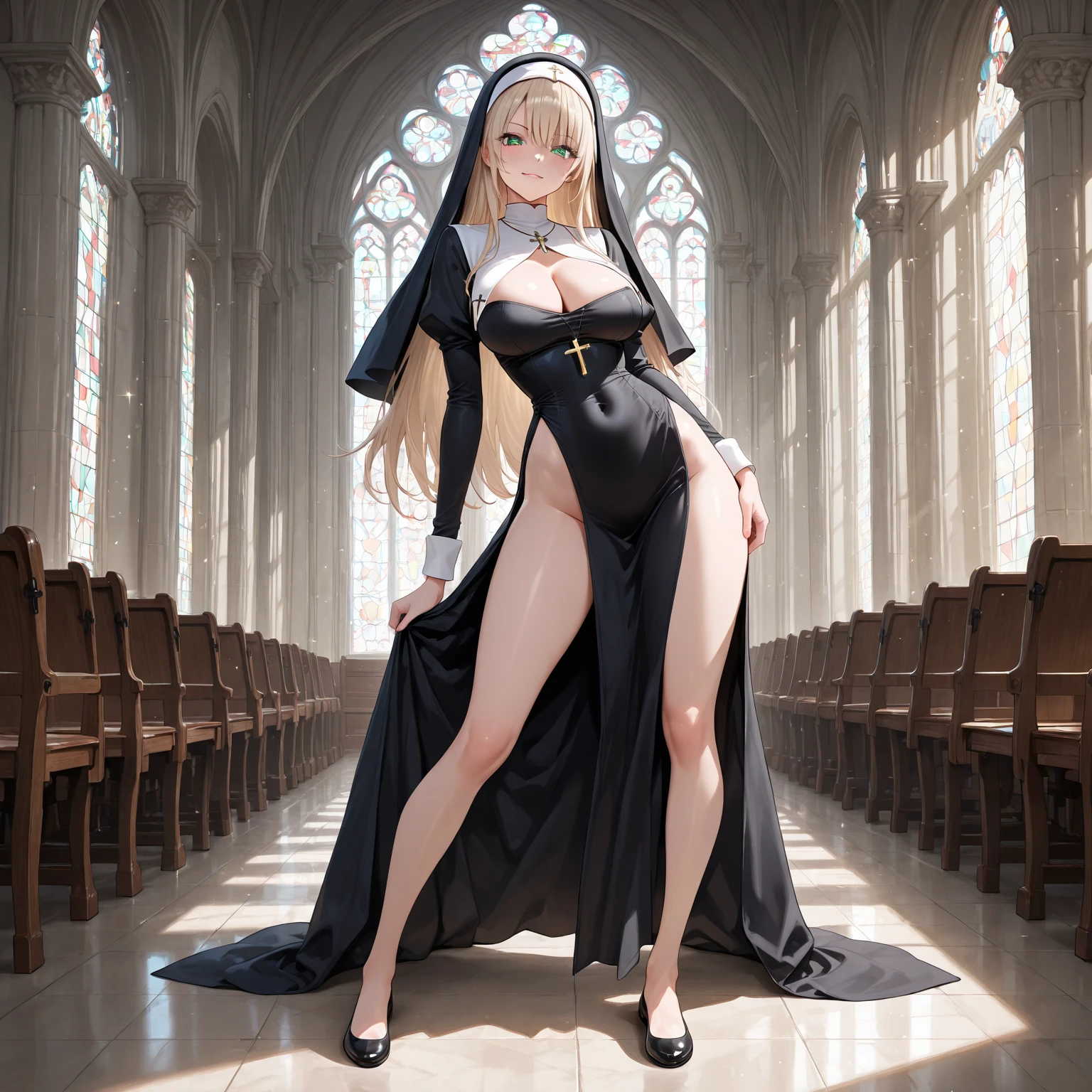 nun,large breasts,1girl,(white leotard),High leg cut,((mature female,adult female))),25 years old,over-knee socks,in church,in confession room,blush,in heat,happy,blonde hair,(((milf))),at night,standing,