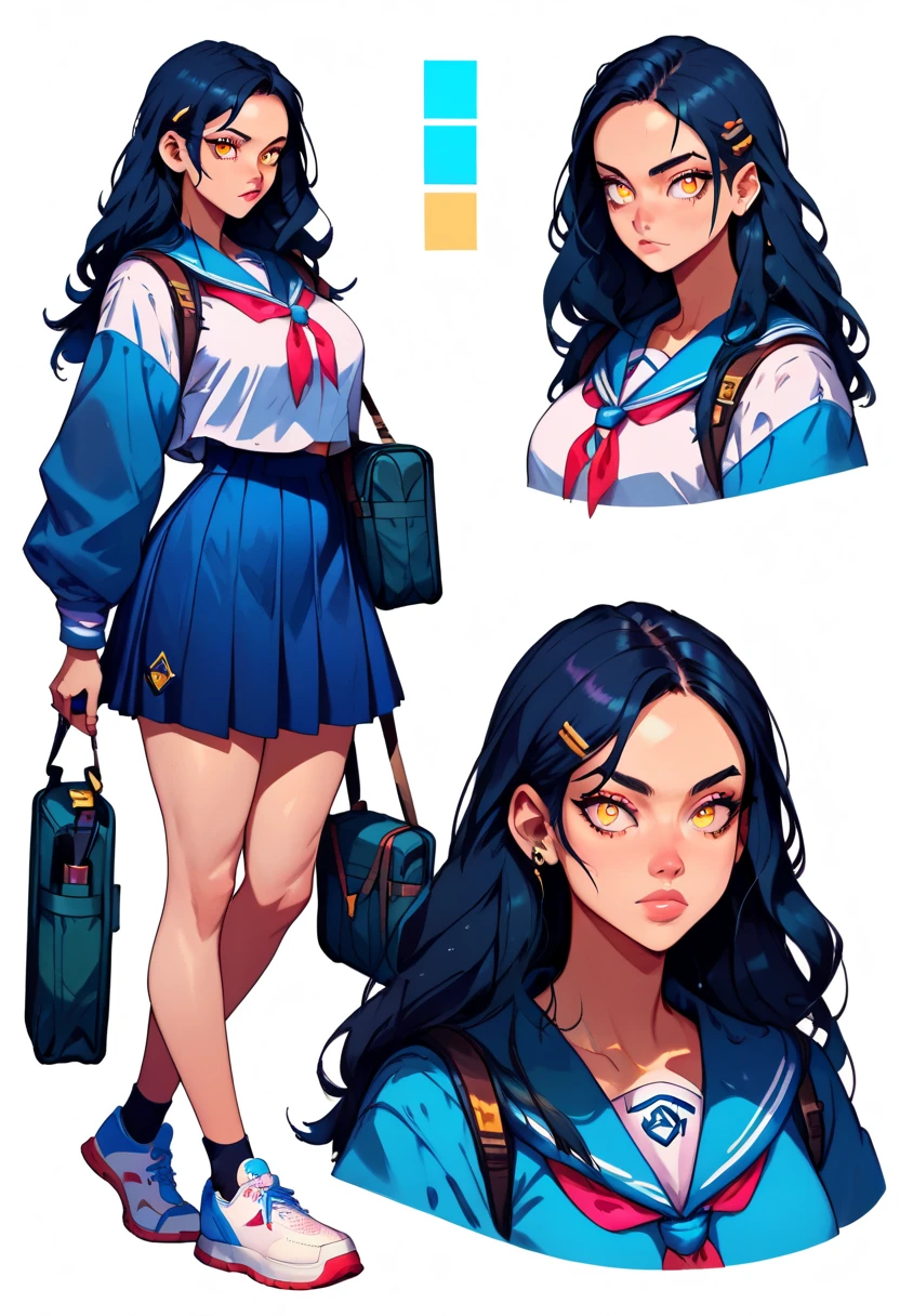 (CharacterSheet:1), 1girl, (student, school uniform:1.2), bag, thick thighs, white long hair, red eyes, big breast, (multiple views, full body, upper body, reference sheet:1),
(white background, simple background:1.2),(dynamic_pose:1.2),
(masterpiece:1.2), (best quality, highest quality), (ultra detailed), (8k, 4k, intricate), (50mm), (highly detailed:1.2),(detailed face:1.2), detailed_eyes,(gradients),(ambient light:1.3),(cinematic composition:1.3),(HDR:1),Accent Lighting,extremely detailed,original, highres,(perfect_anatomy:1.2),
<lora:CharacterDesign_Concept-10:0.55> <lora:jcm2Style_v1:0.8>