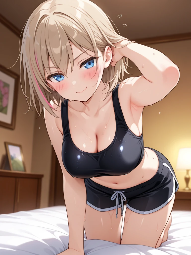Highest quality,Ultra-wide angle composition、 Women Sweaty face cute short hair boyish My hair is wet with sweat Pink sigh I took off my pants Polka dot panties cunnilingus woman on top Embracing on your lap Puddle of white liquid