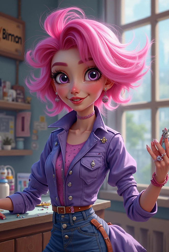 A BRUNETTE adult with PURPLE hair a yellow bandana pink shirt is cause jeans
