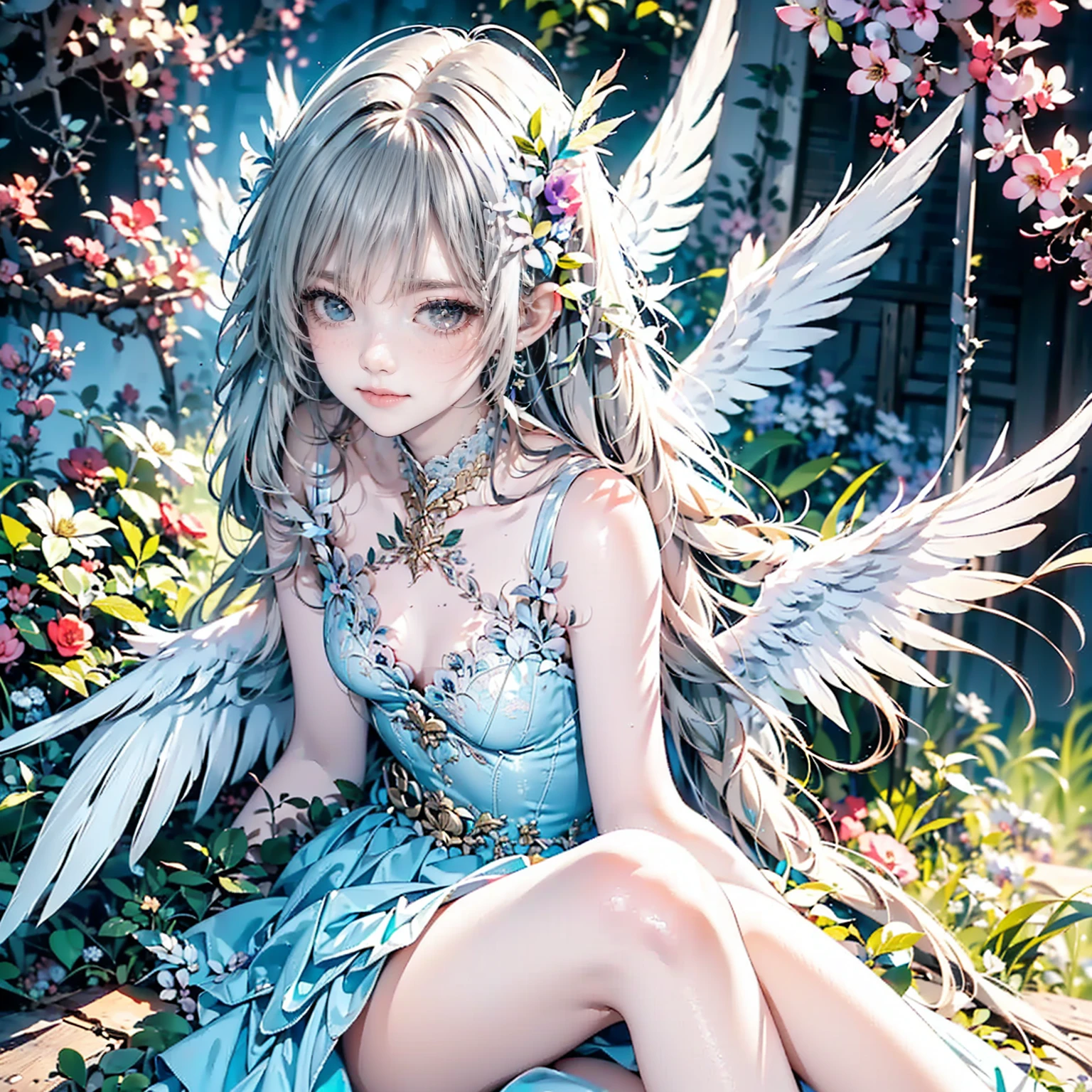(Angel wings、😇、a smile、😌🥰Archaic Smile).hyper realstic、Ultra-realistic、Depiction of the human body without distortion、Monna Lisa、Woman in the Arms、Near and far law、Three-dimensional、Contemporary painting、moderno、world masterpiece、collection、Homage to the art or artist work of Picasso and Renoir, Not sentimental、Excellent portrayal、Gentle expression、More detailed character faces, Serious competition、Compositions like paintings、(Konmutsuki_Gacha_Series 1, punk_rosette), Realistic、Delicate brushwork、aqua color flowers, (Full body, elegant flowers background)