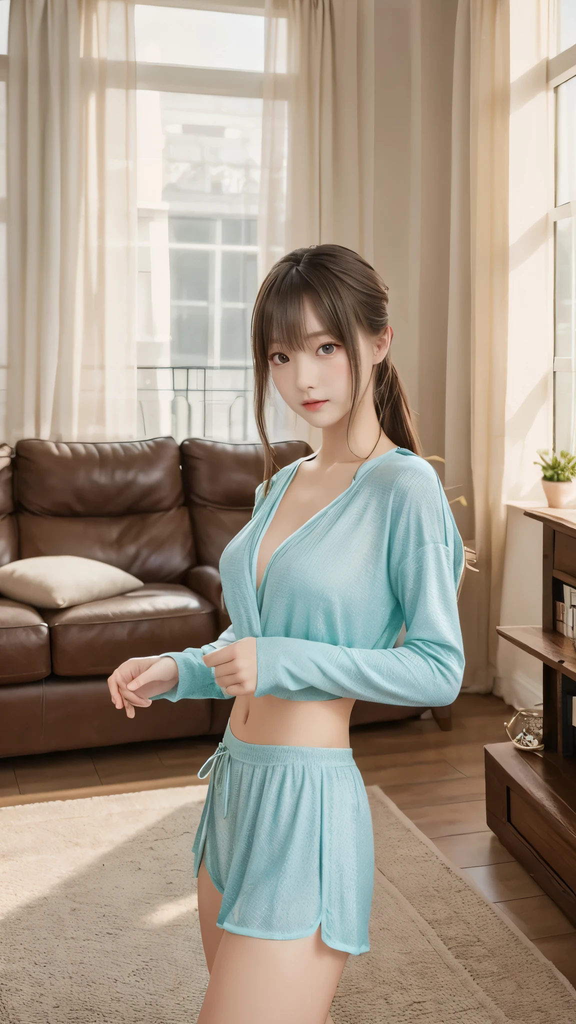 (best quality、best quality、8K、 RAW photos 、realistic depiction)、( perfect and very thin waist highlighted)、beautiful Russian girl、living room、loungewear、very cute