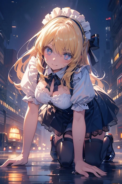 masterpiece, best quality, highly detailed background, perfect lighting, best quality, (extremely detailed face), volumetric lighting, intricate details, shadow, tonemapping, sharp focus, hyper detailed, trending on Artstation, (solo) ((Looking at the viewer)), ((city night background)) .Girl with medium blond hair.  Blue eyes. curvy. Blush, Clear skin.  Big bust. ((black, Goth, casual, clothes)) ((Gothic dressed)). Gothic shoes. ((Gothic makeup))