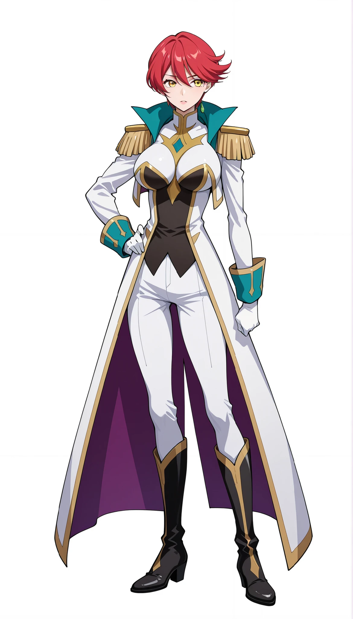 narah_pilotsuit,narah vaughn,1girl,solo,red hair, vaughn,solo,gloves,epaulettes,1girl,boots,red hair,short hair,white background,white gloves,black footwear,yellow eyes,pants, castle background,white pants,full body,,large breasts,mature female,MILF, standing ,,, score_9, score_8_up, score_7_up, score_6_up, score_5_up, score_4_up