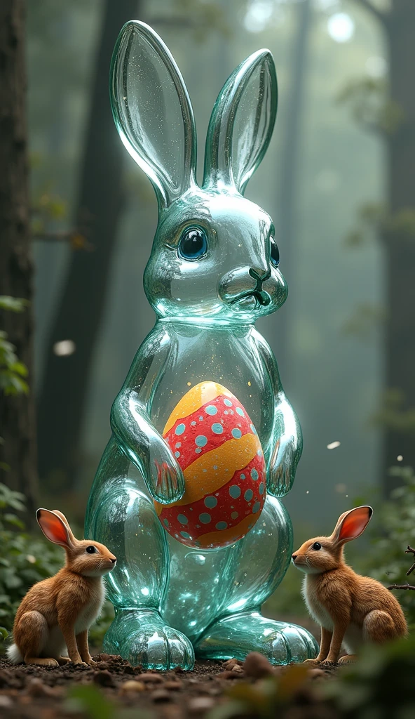 A giant glass rabbit stands on a decayed site deep in the forest ...