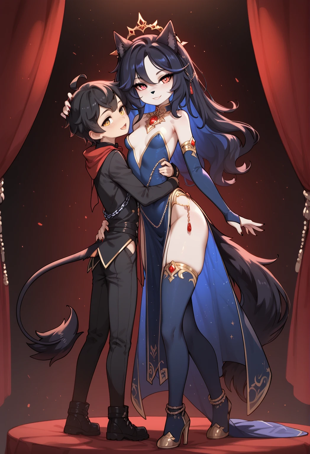 (((a man and woman couple posing dynamically, each one with their respective Lora)))At the heart of an incredibly realistic work of art., The neocruz man, or man , Midway transitions under the cover of night.. His muscles ripple and long black hair with a Count Dracula-style beard. , beautiful hugging woman.. He finds himself before an adult vampire junkotvv woman with (cat ears)., Her sleek leather outfit hugs her curves in a seductive way. its length, cabello negro con cat ears cae en cascada por su espalda, covering his face while putting up fierce resistance.. The captivating scene comes to life through fantastic realism., with every detail meticulously represented for the best sensory experience at night and under a full moon, on the outskirts of a gothic style castle.