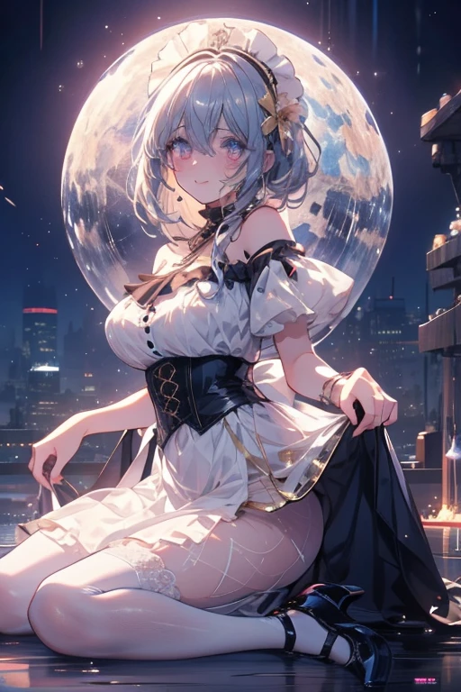 Highest quality, Super quality, 16K, Incredibly absurd, Very detailed, 2.5D, delicate and dynamic, Tavern, colorful lighting, Colorful crystal ball, Small faint lights and flying fireflies, night, Starry Sky, milky way, nebula, shooting star, Flowers, birds, wind and moon, Extremely delicate facial expression, Delicate eye depiction, Upper body close-up, erotic, sole sexy lady, healthy shaped body, 22 years old lady, Bunny girl, 170cm tall, huge firm bouncing busts, white short hair, black hair band, Bunny girlのコスチューム, black leather long boots