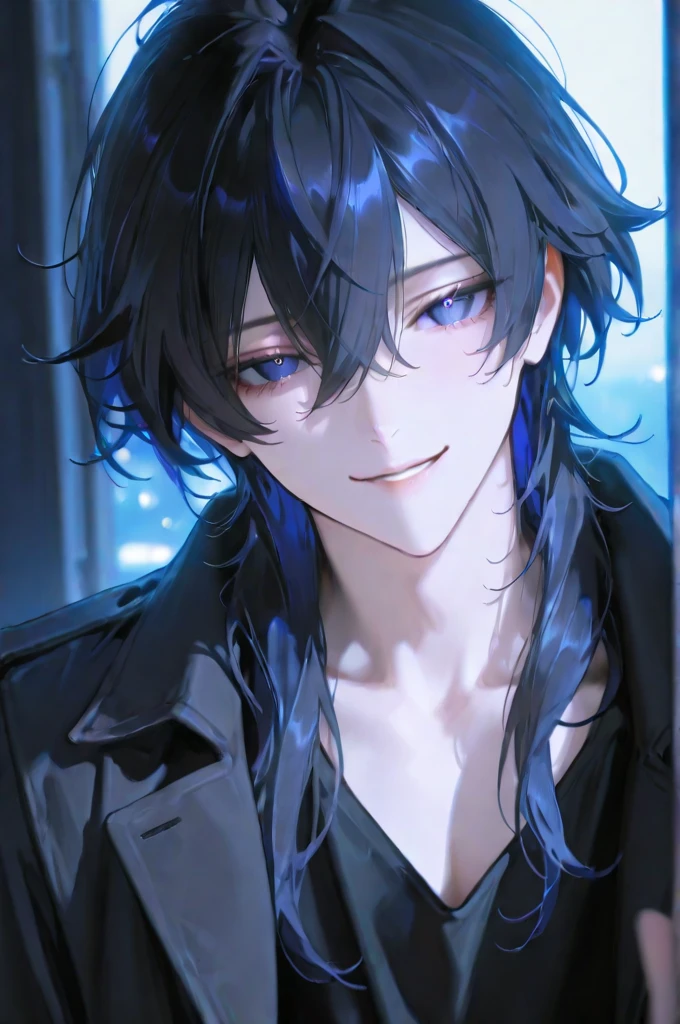 masterpiece, 1 man, handsome, face, Both eyes of the same size,  Well-balanced and firm body ,  A sharp and nimble male character. Dark navy blue eyes,  A cold yet mysterious atmosphere, Eyes that have a deep, dark blue color depending on the light.  dark black hair,  A soft navy sheen when touched by light, Natural length hair that covers the ears, The bangs cover one eye slightly.  A naturally disheveled style normally,   Sharp and distinct facial features,  deep and sharp eyes ,  thin lips, A smile with a fatal atmosphere. natural skin tone, black shirt and black coat, Cinematic lighting, detailed description, Calm and dark atmosphere, looking at the viewer. 
