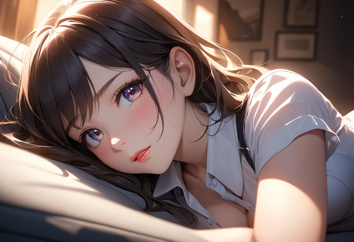 masterpiece、high resolution 8k、NSFW、sharp focus、contrast lighting、fine skin、muste piece、 highest quality、Ultra - High resolution、Super high resolution、Highly detailed CG、Medium shot, woman is laying down in a field of purple flowers、woman is wearing a pair of blue headphones. She is smiling and seems to be enjoying a pleasant moment of relaxation.、beautiful eyes、(Detailed face and iace:1 2)、narrow eyes、almond eye、Black pupil、eye gradation eye highlight:1.2)、(light reddish brown hair、middle、asymmetrical bangs)、(ID card、Blazer for office wear shortage、white cutter shirt、black pencil skirt、pumps)、(plump lips、gross、glossy lips、small breast size) 、(oval face : 1.4)、(thin fingers、fine arms、detailed human hand)、laughter half open、teeth visibl