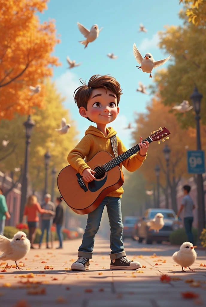 Masterpiece), (Top Quality), (Super Detailed), (Full Body: 1.2), One 10 year old boy, small, cute, smiling, mouth closed, facing forward, looking at you, outdoors, playing guitar, music, holding guitar, blush label, tree, 3, jacket, shirt, brown hair, light brown eyes, light eyes, (beautifully detailed face), (beautifully detailed eyes), blur.