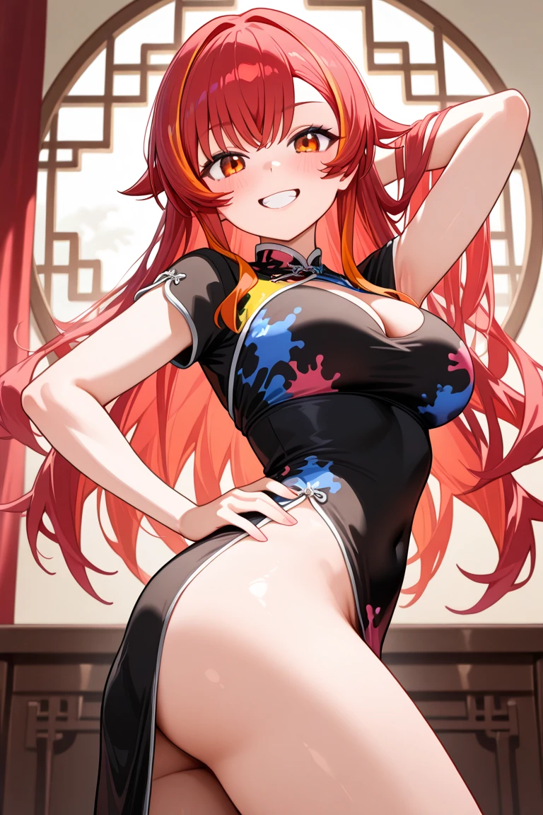 (masterpiece, Best quality:1.2), One, 1 girl, Red hair, yellow eyes, black dress, wide hips, Wet, very detailed beautiful face, Beautiful skin, erotica, languor, passion,