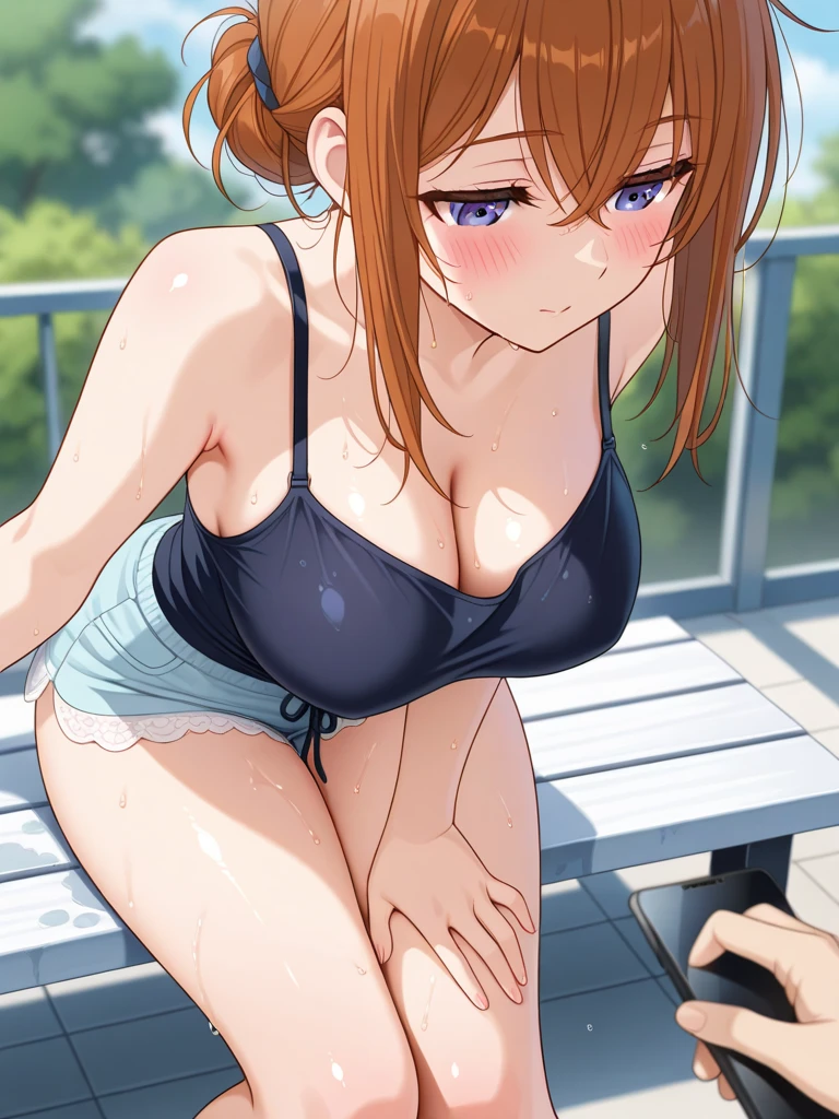 Perpendicular_paizuri, from side, kneeling, full body, from front, best quality, 1girl, between breasts, paizuri, , 1boy, wet penis, beautiful girlfriend, penis between the breasts, large breasts, collarbone, pubic hair, breasts_squeezed_together, ,, hot girlfriend, thighs, sandals,. Bikini, thighs, beach house, blue sky, bracelet, necklace, open mouth, happy, short hair, brown hair, glitter, , moaning