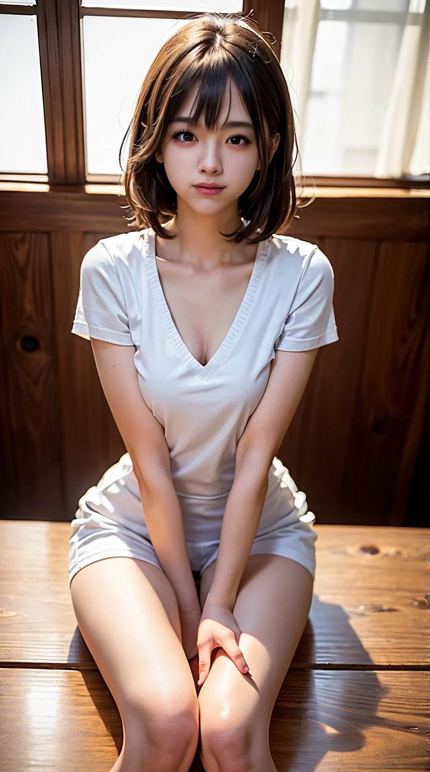 ((Best of the highest quality, 8k, Masterpiece: 1.3, raw photo)), Sharp focus: 1.2, (1 AESPA girl: 1.1), (Solo: 1.18), (realistic, photo-realistic:1.37), face focus, cute face, (Small breasts, flat chest, Thigh: 1.3), messy short hair, pony tail, (Girls' High School Uniforms:1, or naked), cafe, books, flower, cinematic lighting,