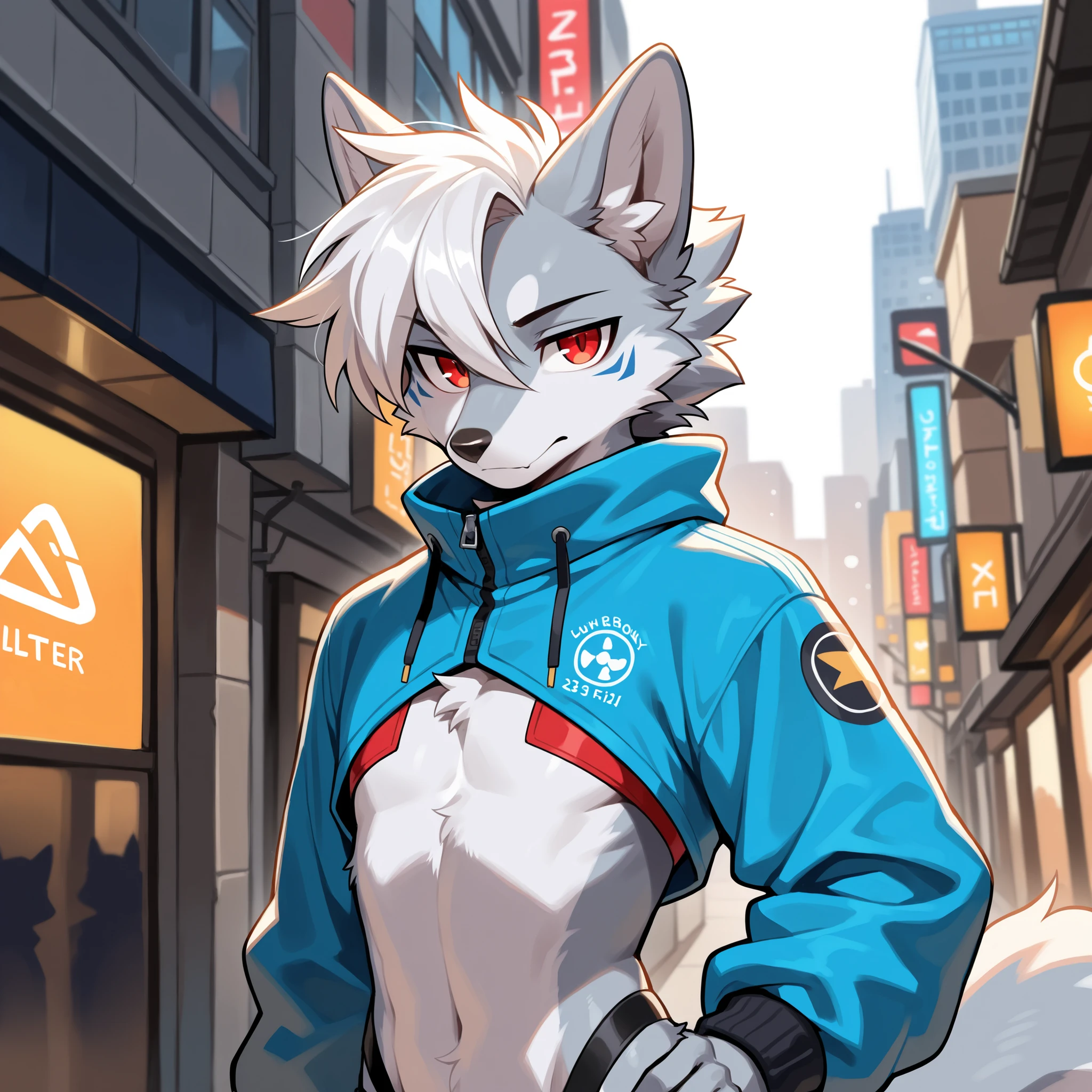 ((masterpiece, best quality)), (anthro furry:1.3, snout:1.2, anthro:1.3, furry:1.2, solo male:1.2) source_furry, rating_safe, (correct anatomy:1.1), kemono, furry wolf, anthropomorphic, male, silver fur, silver skin, red eyes, femboy, flat chest, sci-fi clothes, (blue clothes) revealing clothes, modern city, uploaded on e621,