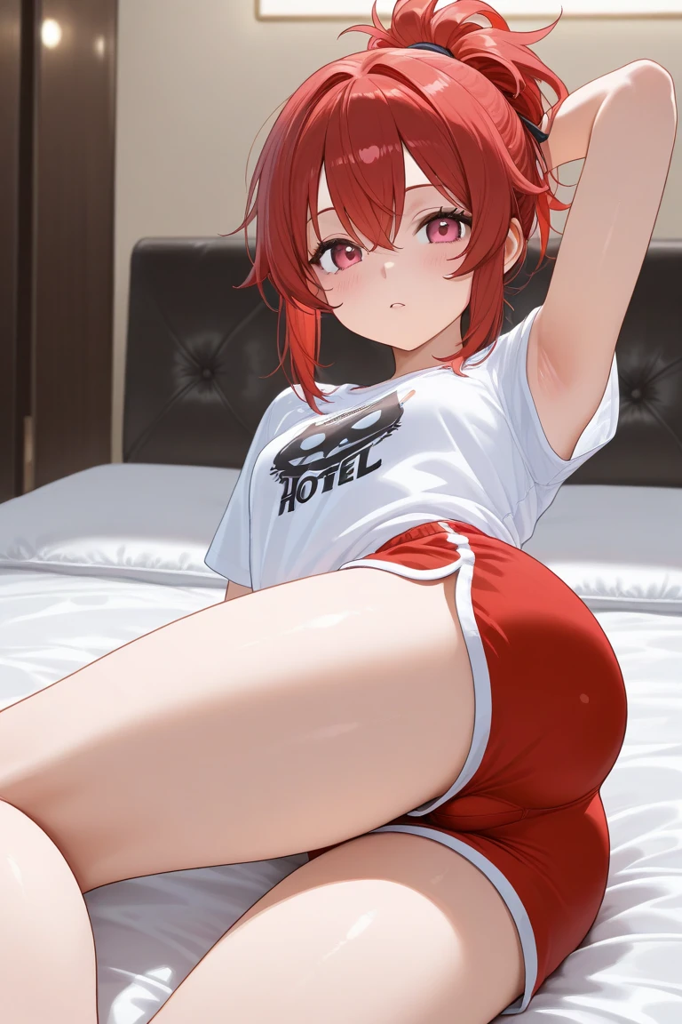 2d, masterpiece, ((lying)), bed, condoms in bed, floor, best quality, ((full body)), full pose, anime, highly detailed, cowboy shot, 1girl, solo, sayori, blue eyes, pink hair, hair bow, short hair, ((red hair bow)), medium breasts, ((black tshirt)) ((underboob)) ((short jeans)) thights, ((black converse shoes)), slim body, slim legs, ((smile smug face)), ((spread legs)) blushing, red face, ((fishnet stockings)),((point of view down)) (((show feets))),((point of view from floor))