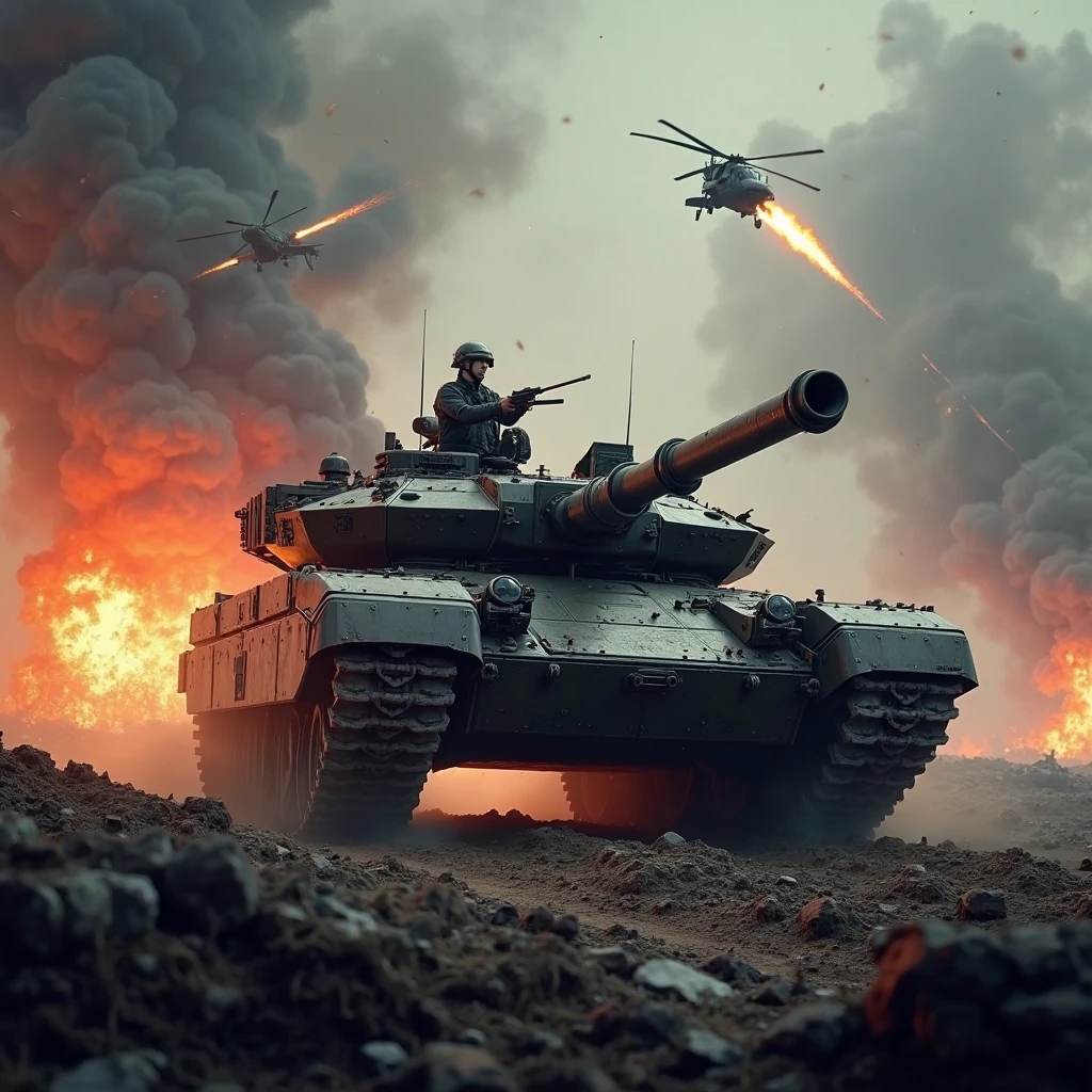“With explosions on the horizon, there are soldiers in a trench with guns on their shoulders. Tanks are coming on both sides and generals are shouting orders.”