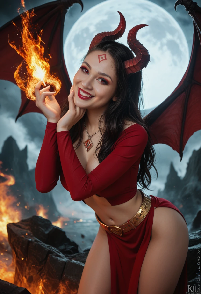 Background on fire, hat with red horns and small