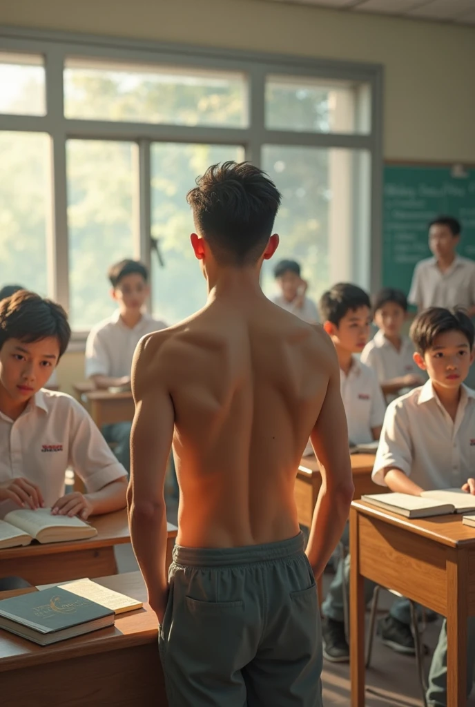 a muscular 30 year old asian man, naked in front of a classroom, with several boys staring at him, big dick, public humiliation, embarrassed, detailed face, beautifully detailed eyes, highly detailed skin, extremely detailed body, photo realistic, cinematic lighting, dramatic shadows, masterpiece, award winning photography