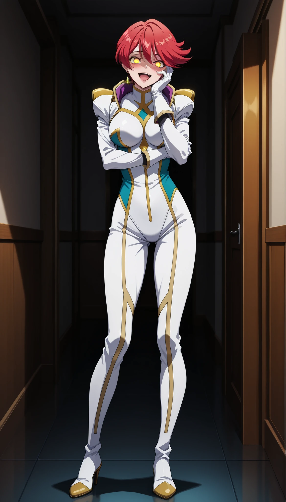 narah_pilotsuit,narah vaughn,1girl,solo,red hair, crossed arms,short hair,breasts ,yellow eyes,gloves,looking at viewer,jewelry,earrings,lipstick,large breasts,mature female,MILF, standing , score_9, score_8_up, score_7_up, score_6_up, score_5_up, score_4_up , narah_pilotsuit,narah vaughn, hands on own face, crazy eyes, hands on own cheeks, heart-shaped pupils, hand on own face, open mouth, crazy smile, yandere, yandere trance, symbol-shaped pupils, glowing, looking at viewer, glowing eyes, blush, crazy , full body, high heels