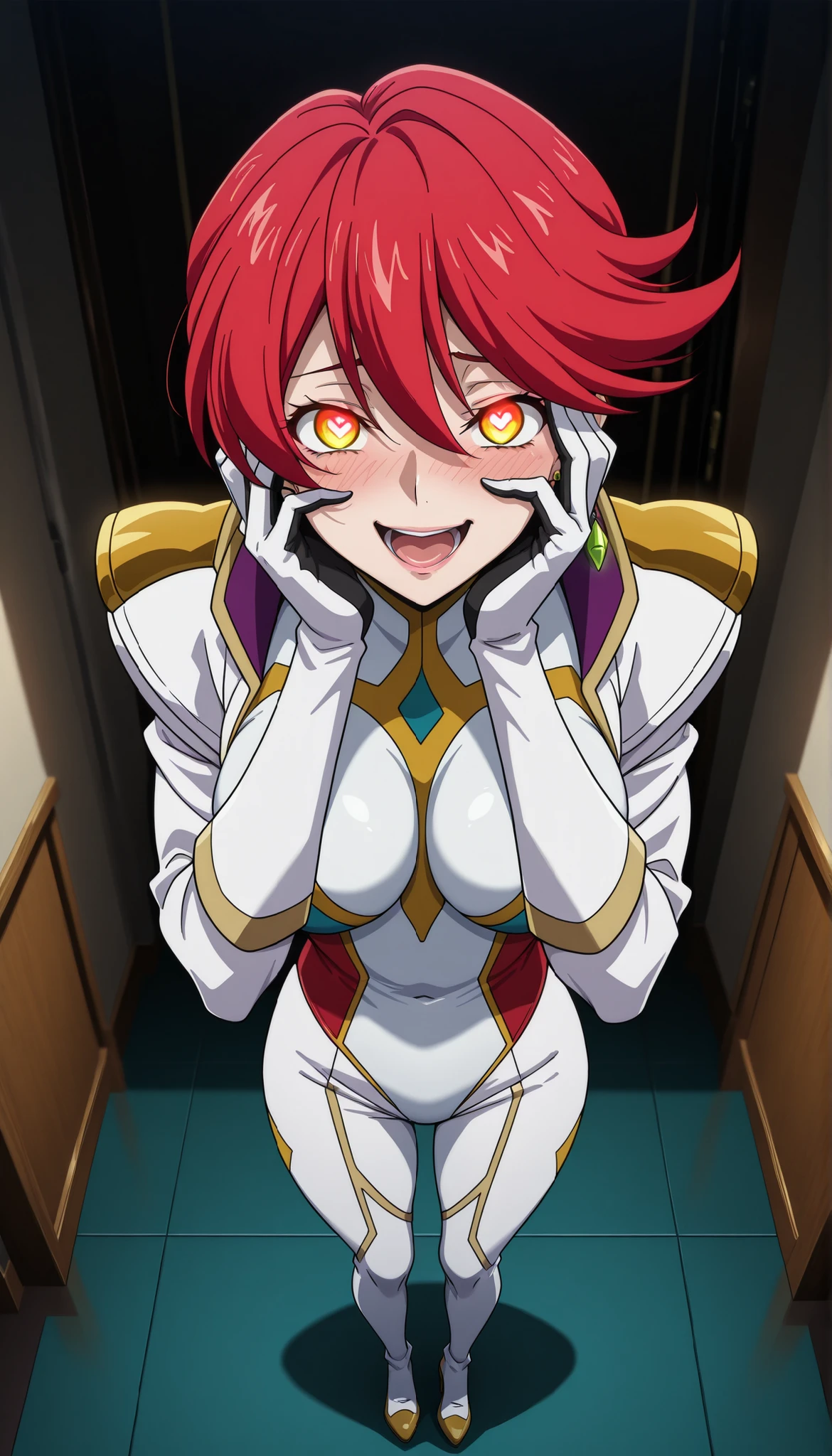 narah_pilotsuit,narah vaughn,1girl,solo,red hair, crossed arms,short hair,breasts ,yellow eyes,gloves,looking at viewer,jewelry,earrings,lipstick,large breasts,mature female,MILF, standing , score_9, score_8_up, score_7_up, score_6_up, score_5_up, score_4_up , narah_pilotsuit,narah vaughn, hands on own face, crazy eyes, hands on own cheeks, heart-shaped pupils, hand on own face, open mouth, crazy smile, yandere, yandere trance, symbol-shaped pupils, glowing, looking at viewer, glowing eyes, blush, crazy , full body, high heels