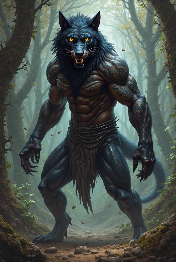 a creature with black fur covering its body, he wears a wolf skull and has, no clothing, anime styling. Average height