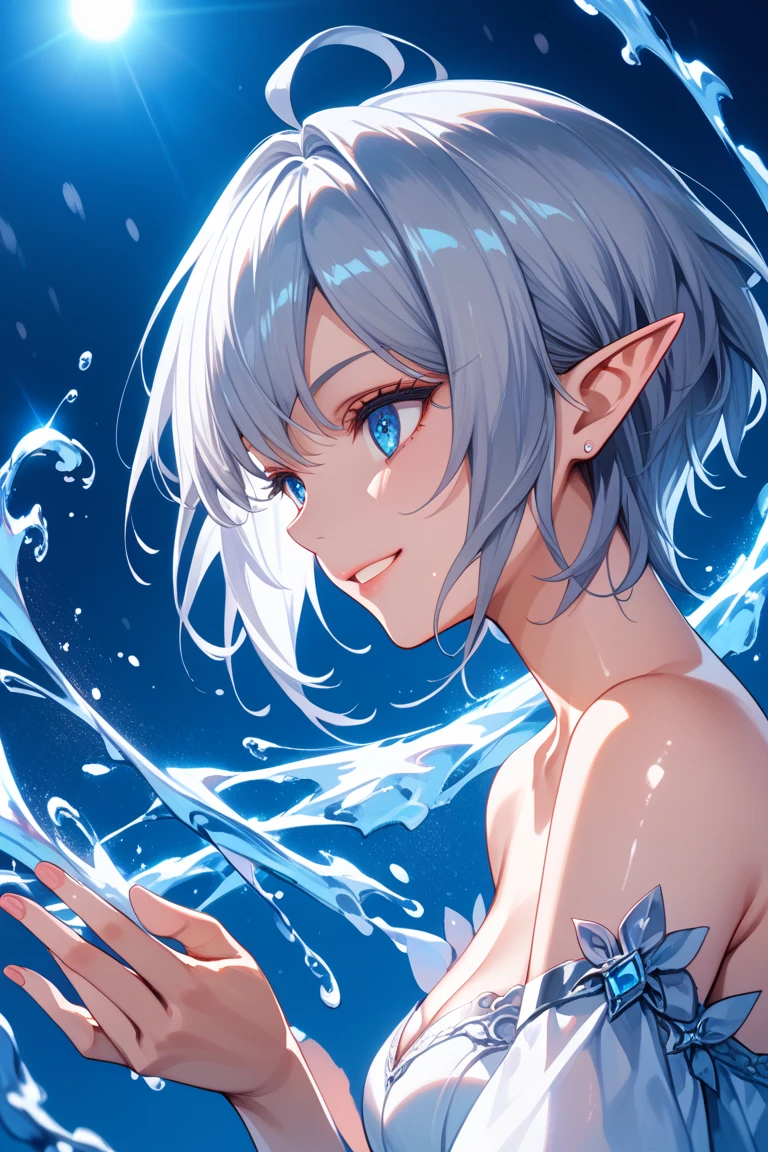 (masterpiece, best quality:1.ingle young man,Blue Light , Single fluorescent color, oung man, Look next to you, ephemeral face 、Smile, Shining Blue Eyes , (off-shoulder style: 1.2), short hair splashing outside、Gray Hair、elf ears、shiny hair often, shiny skin, Glow Discharge Cutting, finger ratio has been adjusted, silver, snow,side view、Elegant horizontal pose , (((masterpiece))), (((best quality))), ((very detailed)), (illustrations), (detail light), ((very delicate and beautiful)), dramatic_shadow, light_Tracking, reflection, ultra high resolution,