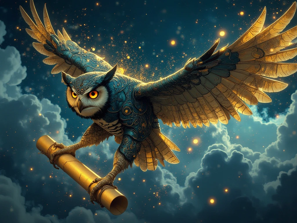 depict of mystical and magical, ultra realism, hyper realistic surrealism, gold dusts sparkling on the air and create owl-shaped gold elements with gold feather and blue beak, close up face of a perfect mystical creature with intricate magical gold dusts details, with striking navy eyes, the background is a deep dark Blue Night Sky, dramatic lighting, perfect digital art, very aesthetic, good quality, amazing details, masterpiece image, combining both mystical subject with Magic. the Owl should be looking at viewer, fierce. blue and gold color grading, close up angle.