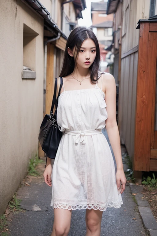 Loli,flat chest, standing, full body,short hair, short dress,summer dress, white dress, nighty gown