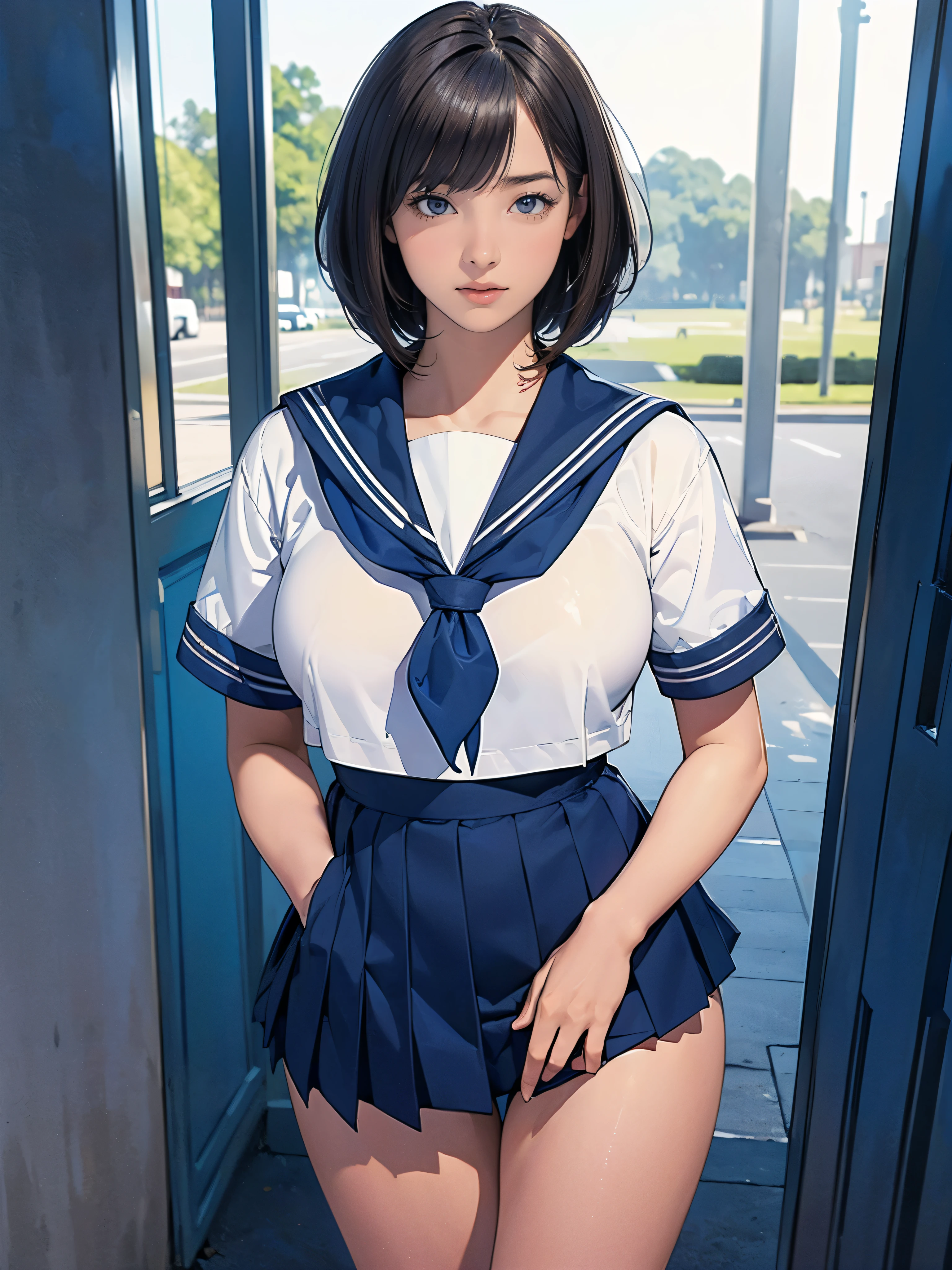 (8K,Realistic, Tabletop, Highest quality, RAW Photos:1.3)、One Girl, 18-year-old,alone,high school girl, Long Hair, Brown Hair, Beautiful face in every detail, Attractive face, (Beautiful brown eyes in every detail:1.2), Medium chest,(Underbust:1.0),(Covered nipples:0.99),(Loose Sailor Uniform :1.35), ( Slim beauty with perfect body: 1.4),( Seductive Pose:1.3), (View your viewers, Front view,Eyes focus:1.2), Detailed Background, (sunset:1.2), classroom,Fine details, Intricate details, Ray Tracing, Depth of written boundary, Captivating smile,classroom,
