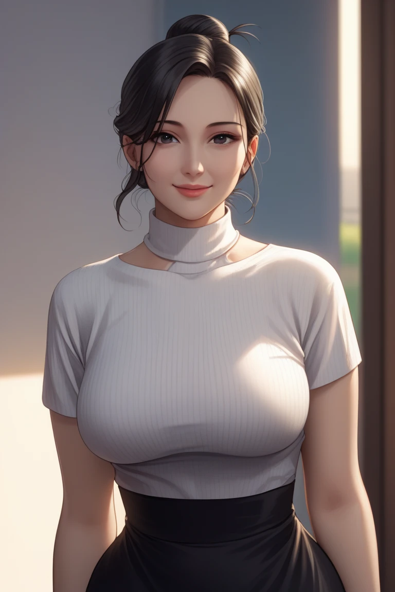 4k-ultra sharp、1 Woman Standing, /(Sleeveless knit shirt/) /(hot pants/), Mature Woman, /(Black Hair/) bangs, A gentle blushing smile, (Masterpiece Top quality:1.2) Delicate illustrations, super detailed, Big Break /(Modern house living room/)