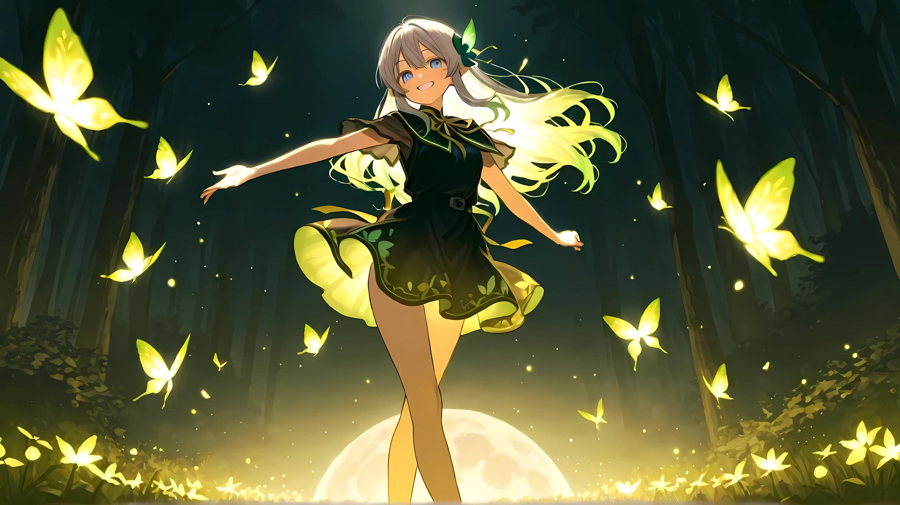 HD、High Quality、pulsating、has a beautiful face、smiling、dancing、black simple dress with a sense of pulsation、Short skirt length、dark forest with changing colors、The Moon is out、Fantastic firefly light、long black hair、 beautiful blue eyes 、bright colors、Beautiful, detailed background、Fine colors down to the smallest detail、顔が細かくHigh Quality、The use of colors is vivid、Beautiful black color、 merihari