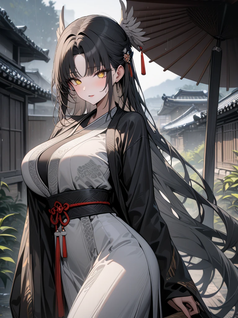 (Best Quality,4K,8K,hight resolution,masutepiece:1.2),Ultra-detailed,,beautiful character painting,The art of white Japan,Shrine of Japan,epic exquisite character art,Stunning character art,Beautiful woman,((smil、beautiful and very large breasts,Beautiful detailed eyes,Blue black hair))