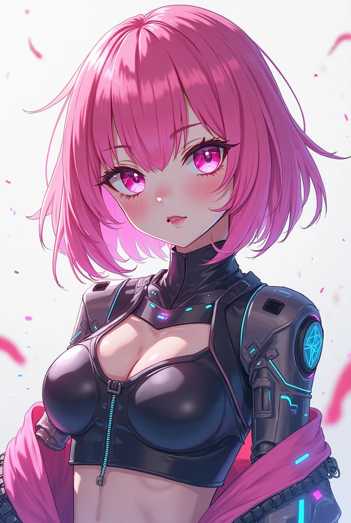 pink short hair, vivaciousness, oral sexy, Mechanical equipment, Mechanical environment, mechs, gradient_eyes, evil smile, high detail, chiaroscuro, UHD, textured skin, highres, 1080P
