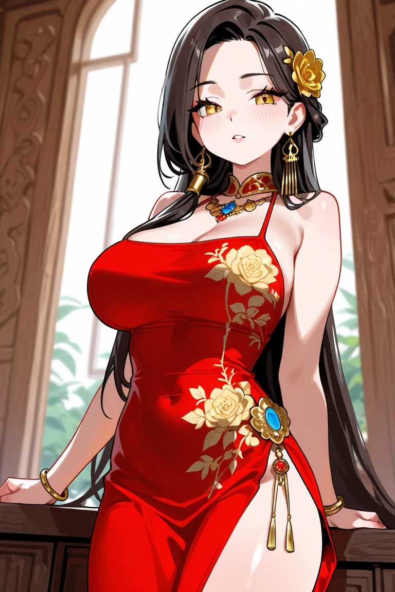 (((best quality))), ((ultra-detailed)), ((an extremely delicate and beautiful)), ((16k)), realistic, hd, cgi, gleaming hair, gleaming skin, gleaming dress, Character focus, solo, strong light coming in, sharp focus, illustration, game cg, anime, solo, curvy, (big breasts:1.3), forehead, ( white gold lining Chinese Lace Up Cheongsam Open Chest Bodycon Dress High Slit Qipao mini), faste collarbone, (belly:0.9), looking at the viewer, ocean, flower hair ornament, accessories, backlighting, shiny skin, shiny body, necklace, jewellery, black-brown hair, bead necklace, red faded into black colored hair, brown eyes, long hair, red ombre hair, red-black hair, more yellow hair streaks, smaller dress, mommy goddess, looking down at the viewer, goddess, female dominance, loving look, slightly close to the viewer