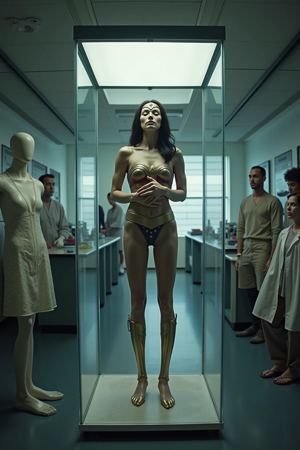 8k HD high definition detailed drawing, best quality, ultra high res, (picture), of full-body length view drawing of an attractive young nude woman modeled on Jenna Ortega, nude, in the style of Charles Moll,, Frank Frazetta, and Wendy Pini, displayed in a glass enclosure exhibit of a futuristic sci-fi museum displayed under harsh golden lighting