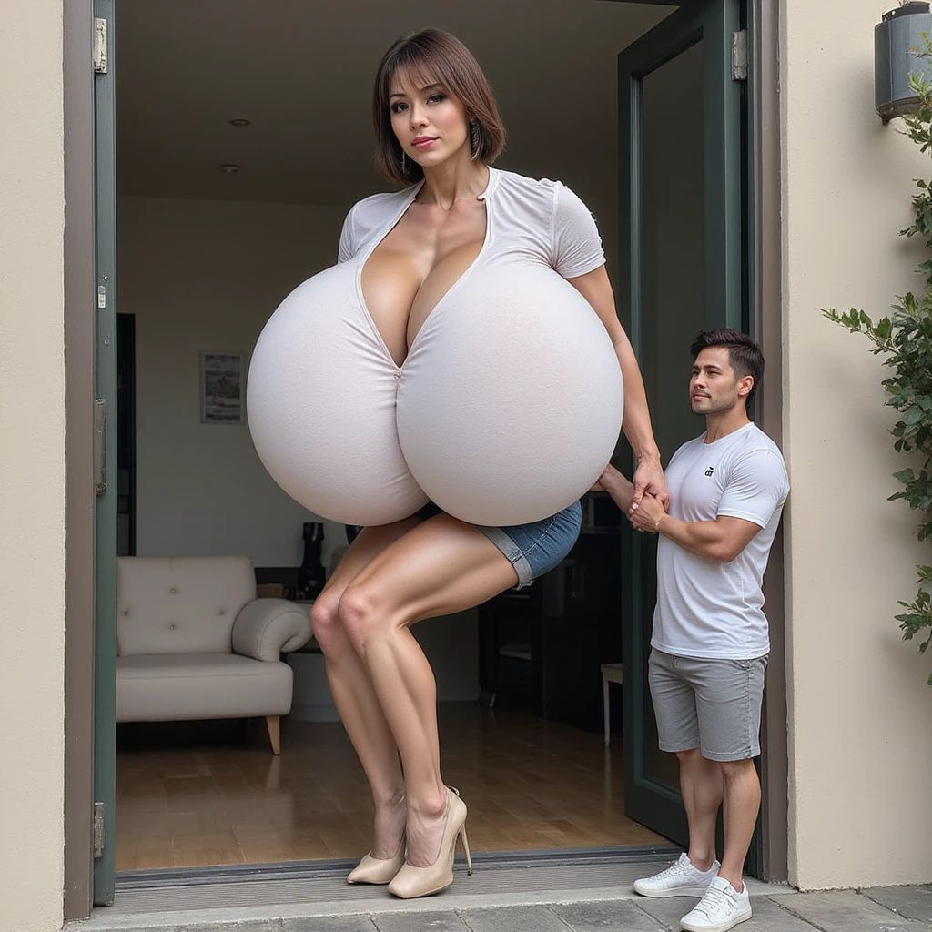 plain shirt, (big giant enormous oversized massive huge colossal:1.5), (gigantic sagging breasts:1.5), (very long wavy hair)