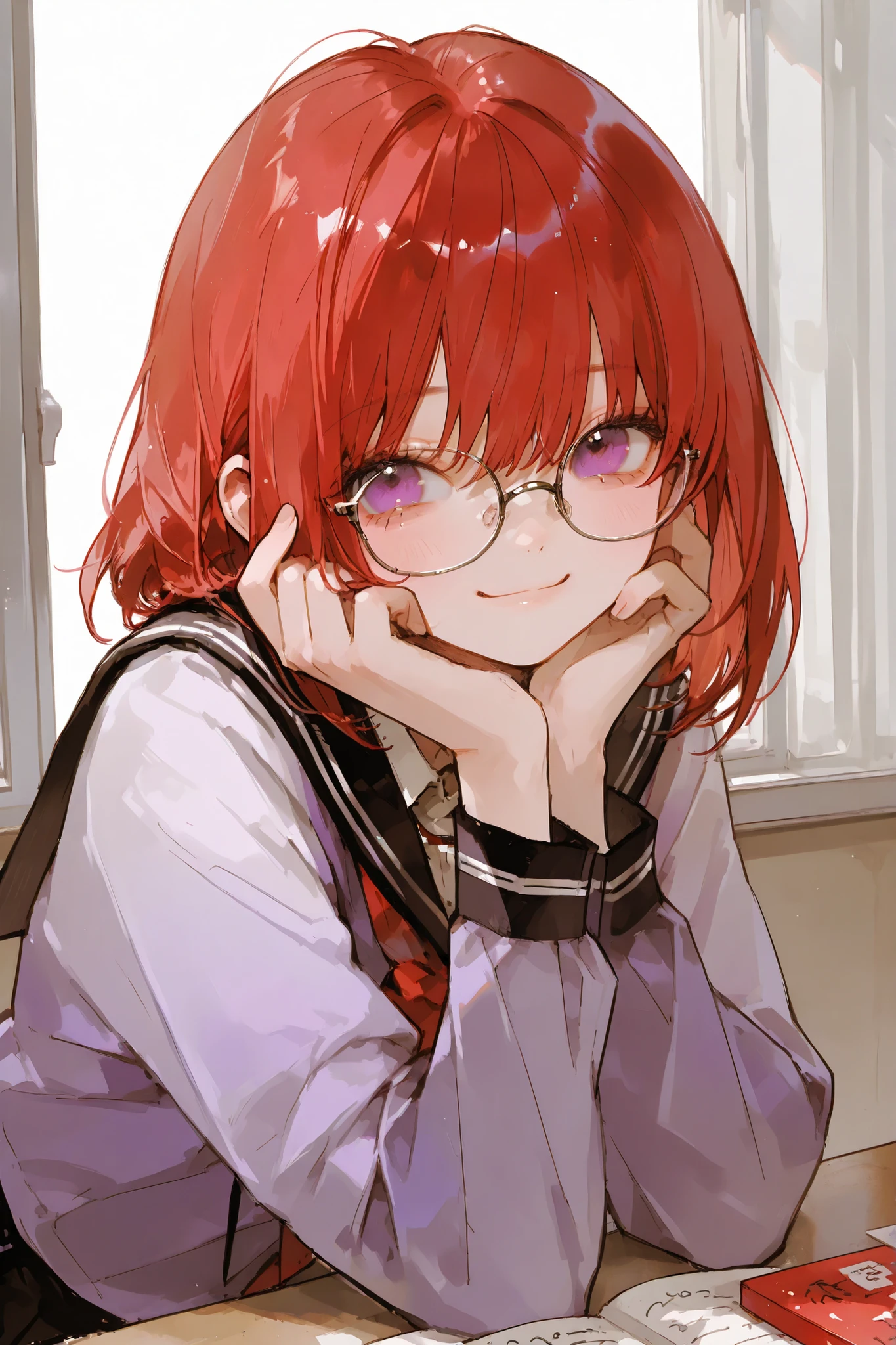 masterpiece、 best quality、Good Quality、 average quality 、 very detailed、 very beautiful、school uniform 、1girl, solo, red hair、smile、is young、Baby Face、red and purple odd-eye、small、wears glasses、bob hair