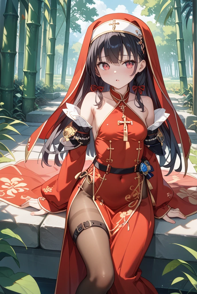 absurd res, high res, (masterpiece:1.4), ultra-detailed, 1girl, from above, space, floating, red Chinese dress, red dress, black stockings, light brown hair, yellow eyes, hands out of frame
