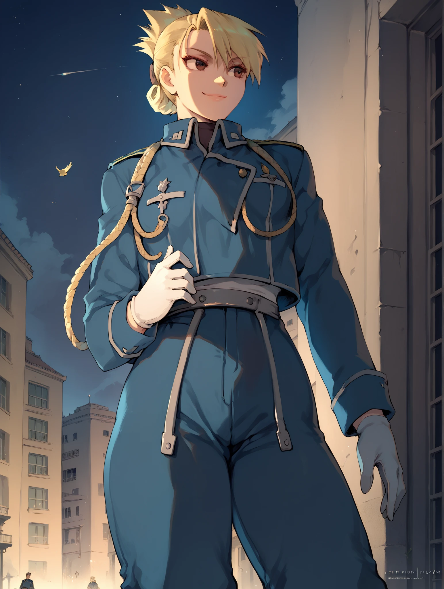 (score_9, score_8_up), score_7_up, zPDXL, Riza Hawkeye, 1girl, blonde hair, brown eyes, short hair, ponytail <lora:Riza_Hawkeye_XL_Pony:1>, blue uniform, mestris military uniform, bottomless, pussy, pubic hair, pussy juice, crossed arms, disgust, looking at viewer, outdoors, city, day, clouds, <lora:fluffydango-artist-richy-v1_pdxl:1>