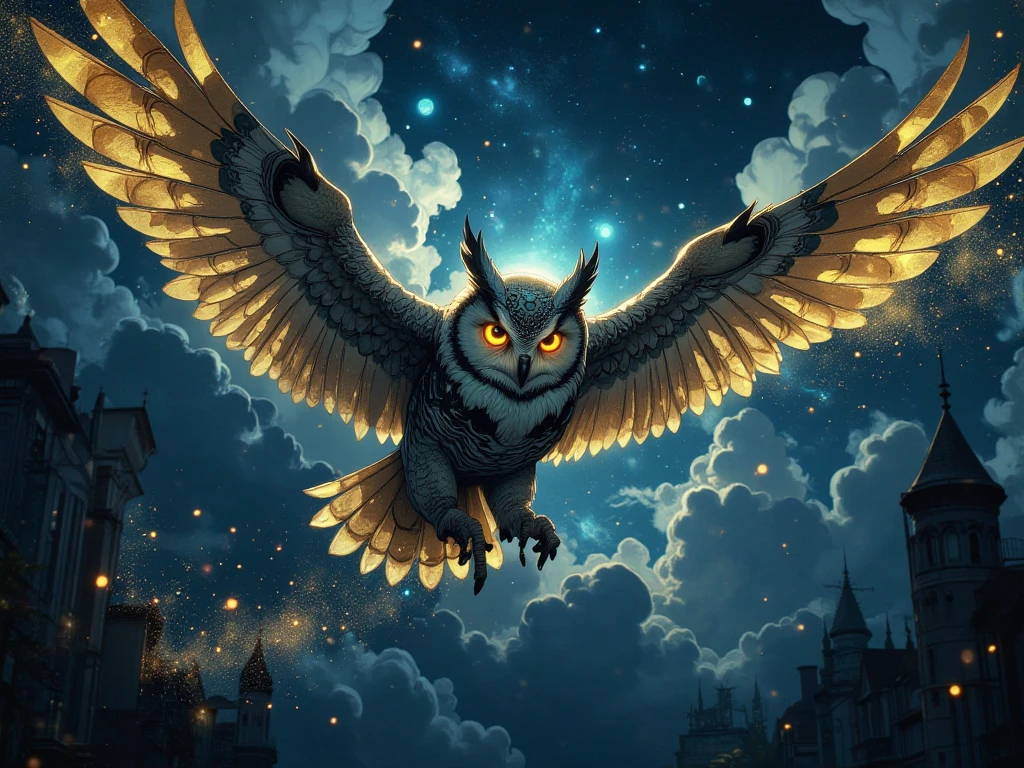 depict of mystical and magical, ultra realism, hyper realistic surrealism, gold dusts sparkling on the air and create owl-shaped gold elements with gold feather and blue beak, close up face of a perfect mystical creature with intricate magical gold dusts details, with striking navy eyes, the background is a deep dark Blue Night Sky, dramatic lighting, perfect digital art, very aesthetic, good quality, amazing details, masterpiece image, combining both mystical subject with Magic. the Owl should be looking at viewer, fierce. blue and gold color grading, close up angle.