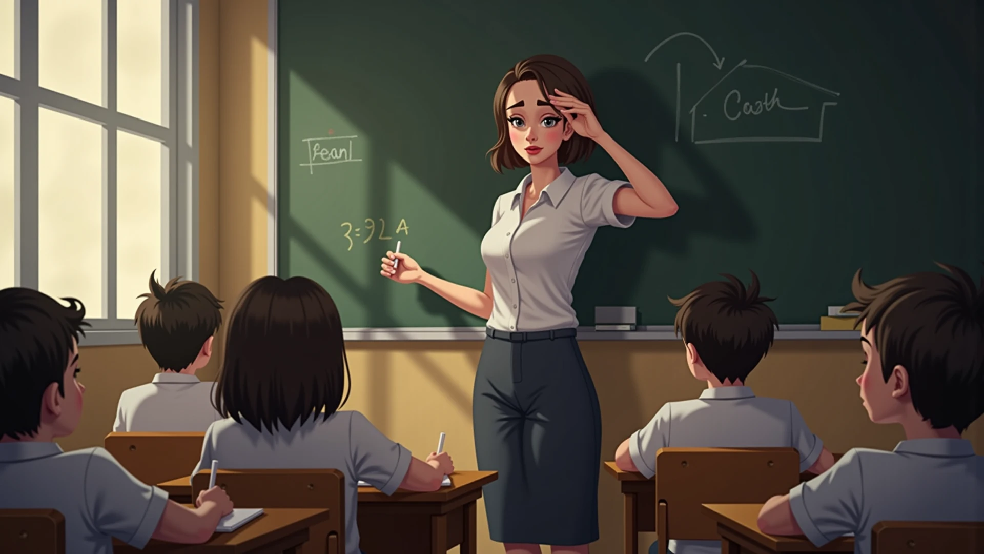 I want an image of a teacher explaining, upset because there are two girls behind her not paying attention. 