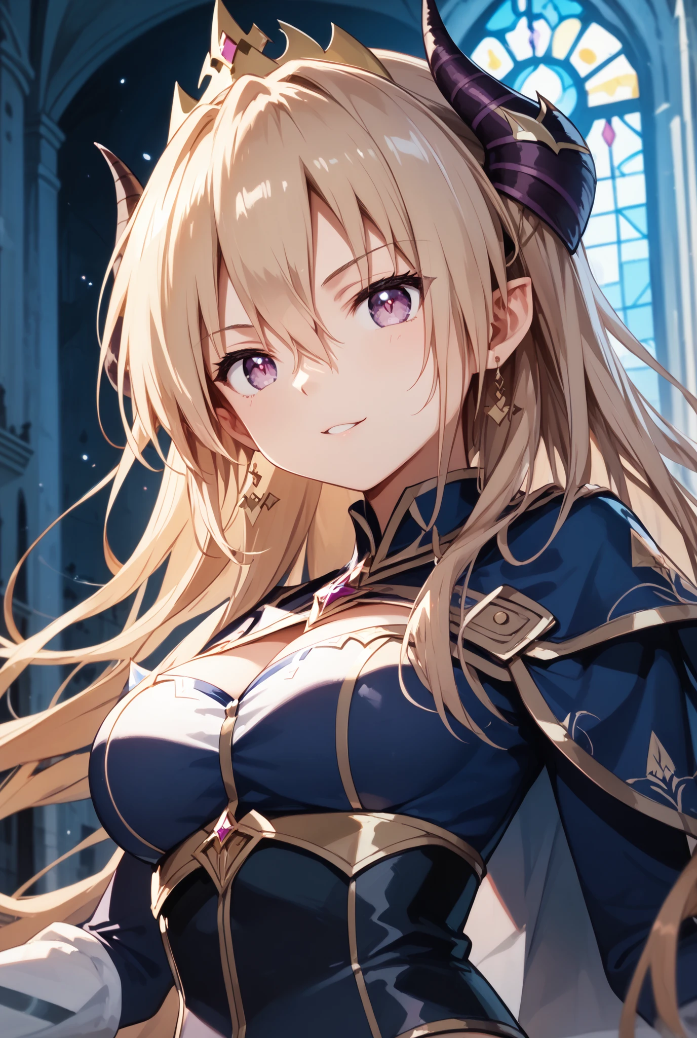 masterpiece, best quality, great quality,very aesthetic, (((Demon King Outfit ))),(((Demon King's Horn))), newest,cute face,(((Yuina Shirakawa))),S4bit4mago_illustrations,anime style,
1 girl,long hair、purple eyes、hair between eyes、bungs、hair ornament、blonde hair、非常にlong hair、Floating hair、brown hair,(smiles),((Demon Castle)), dim lighting