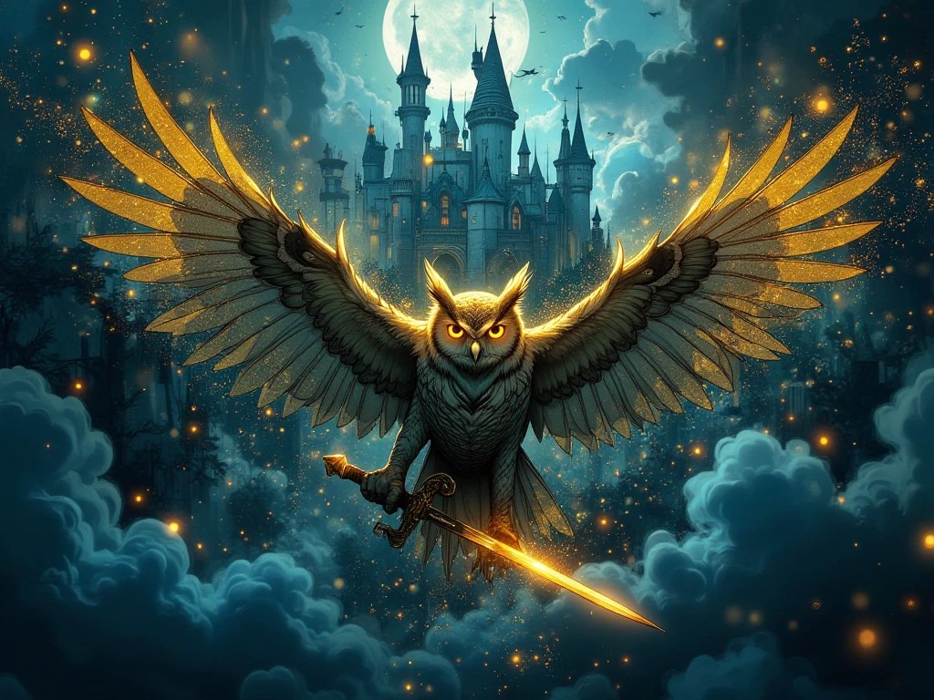 depict of mystical and magical, ultra realism, hyper realistic surrealism, gold dusts sparkling on the air and create owl-shaped gold elements with gold feather and blue beak, close up face of a perfect mystical creature with intricate magical gold dusts details, with striking navy eyes, the background is a deep dark Blue Night Sky, dramatic lighting, perfect digital art, very aesthetic, good quality, amazing details, masterpiece image, combining both mystical subject with Magic. the Owl should be looking at viewer, fierce. blue and gold color grading, close up angle.