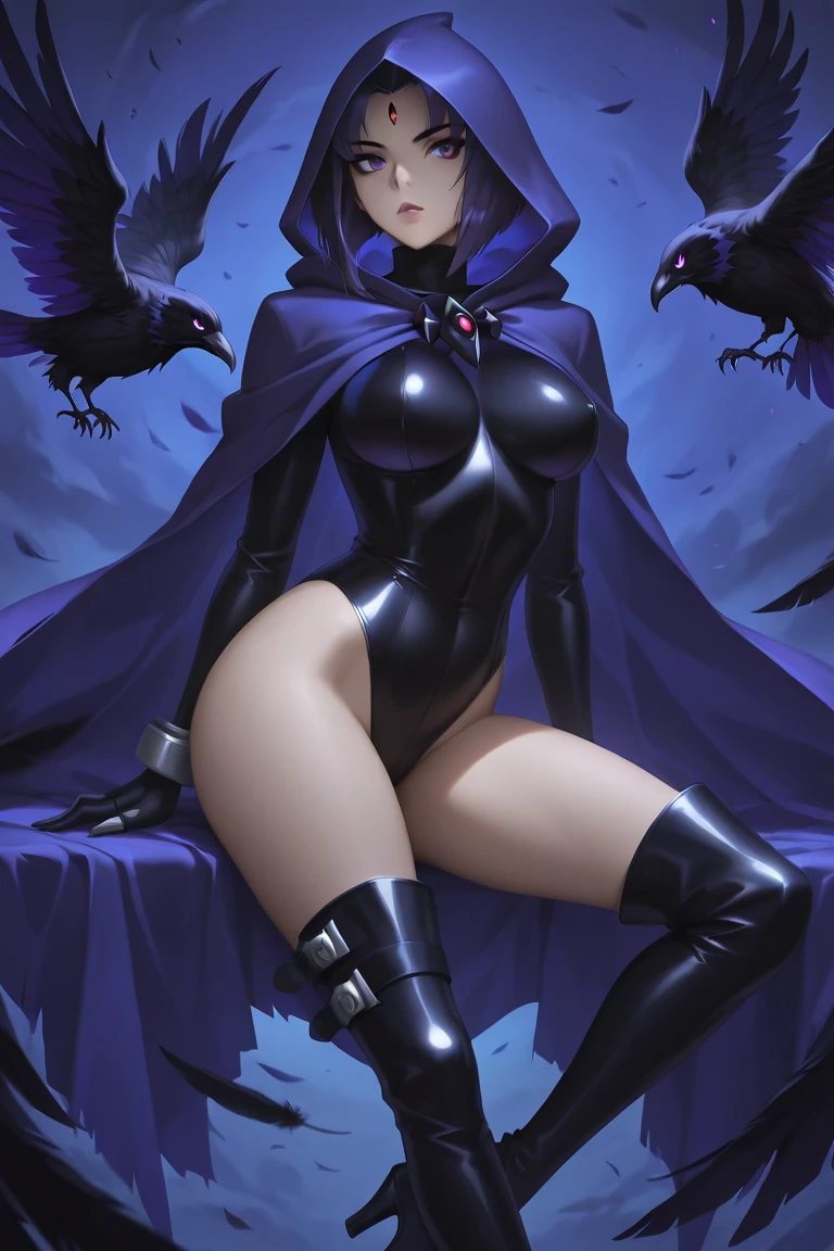 Raven NSFW, short purple hair, pale skin, purple stockings, purple gloves