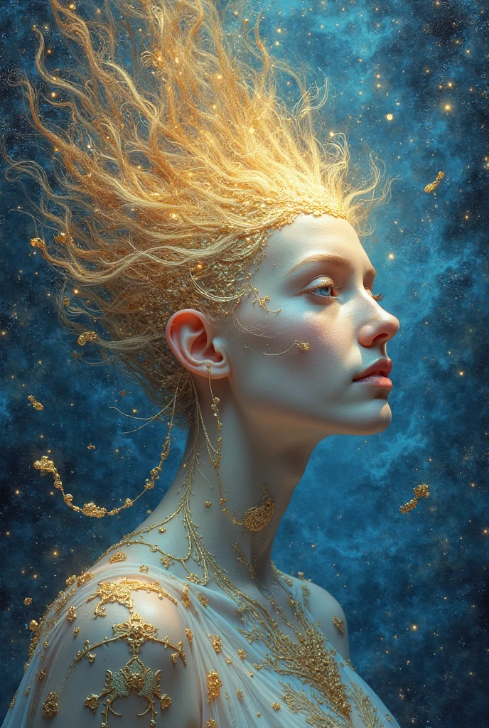 Only two colors, blue and gold,visual art,Past and Future ,crystals,masterpiece,8k,symphonies, galaxy,Painting,Detailed Drawing,Retouching,high quality,portrait,best quality,